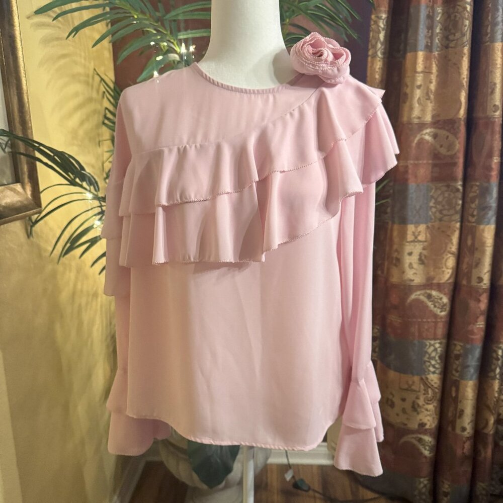 New MOTF Pink Sheer Long Sleeve Top with Flower Accent and Ruffles